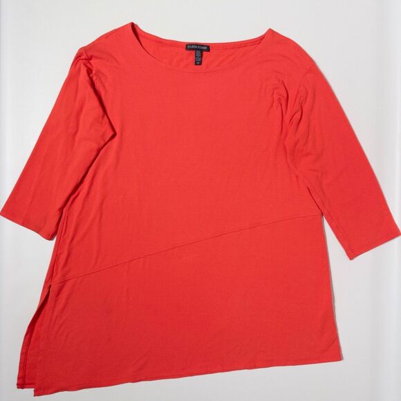 Eileen Fisher USA Boatneck Asymmetric 3/4 Sleeve Blouse Orange Women's Size S - Picture 2 of 8